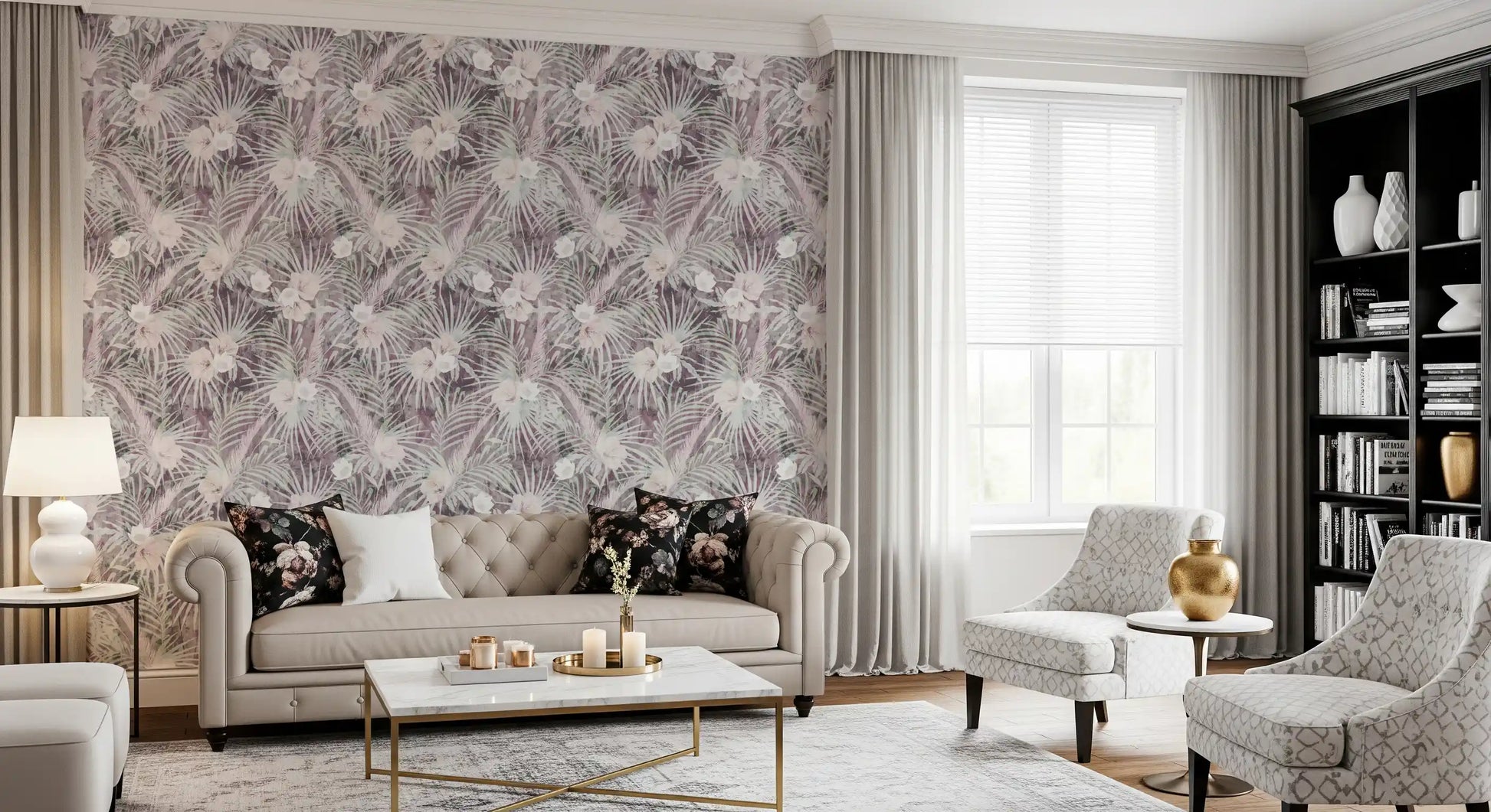 Muted Tropical Palm and Floral Drift Wallpaper⁠