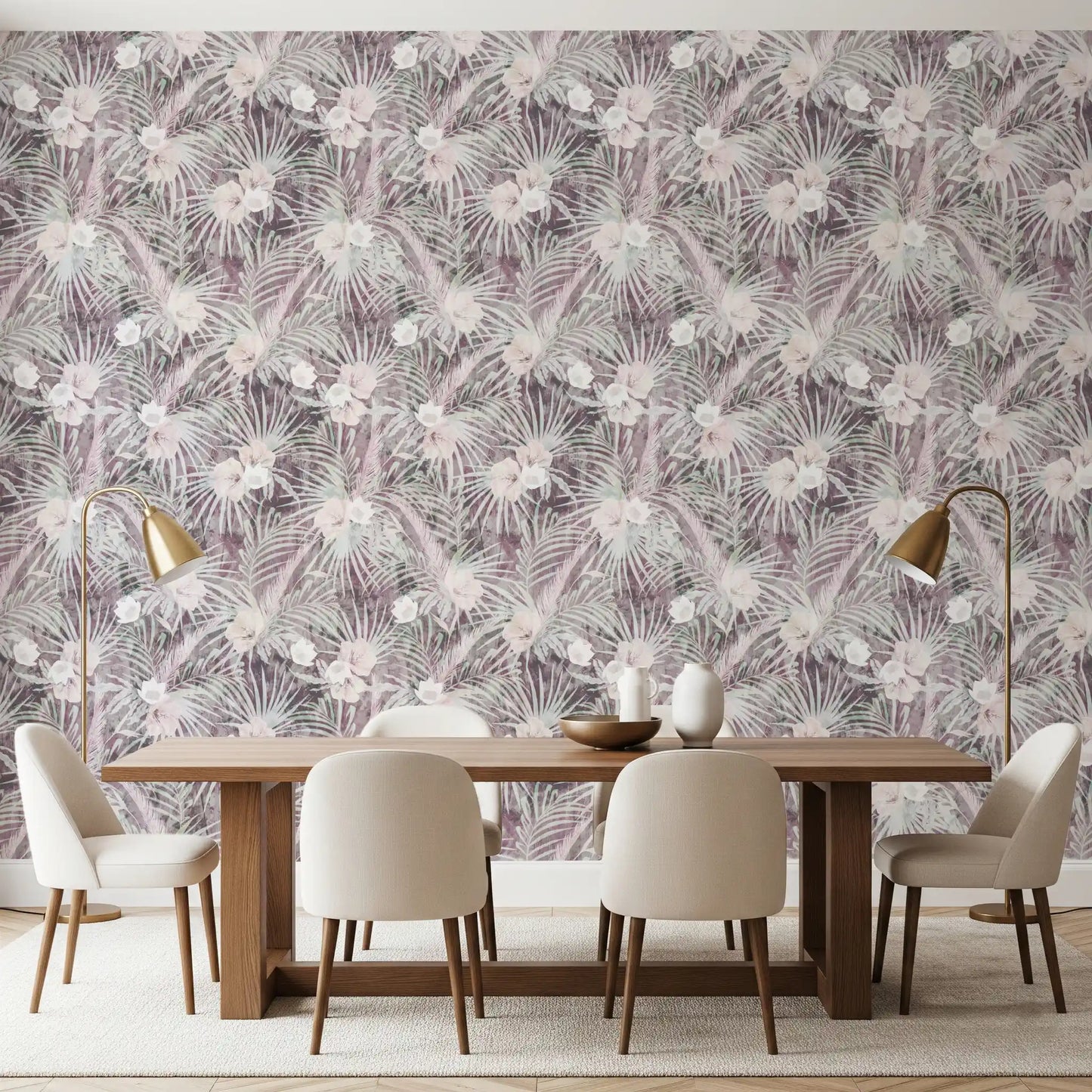 Muted Tropical Palm and Floral Drift Wallpaper⁠