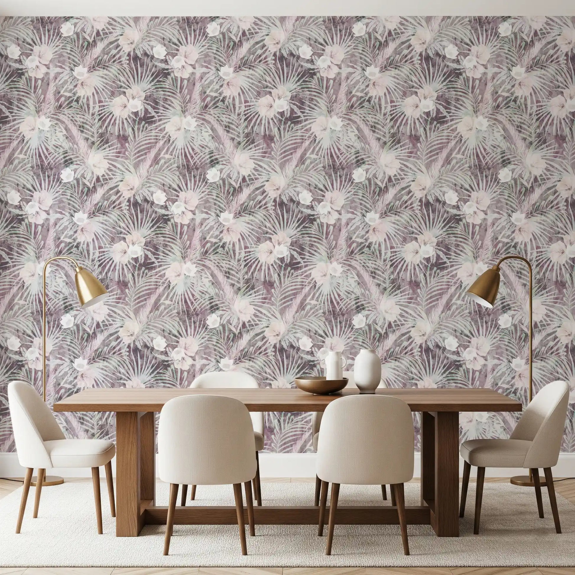 Muted Tropical Palm and Floral Drift Wallpaper⁠