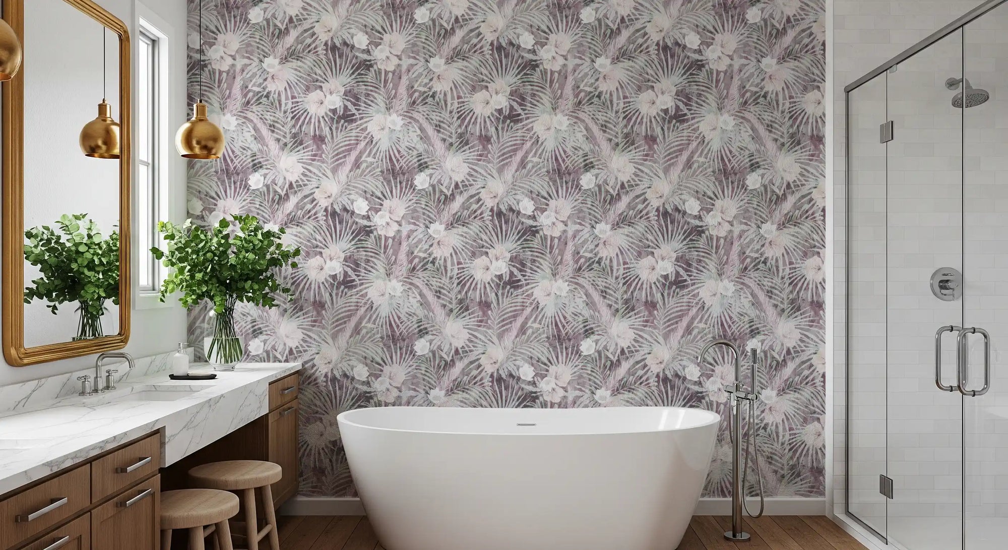 Muted tropical palm and floral drift wallpaper in a bathroom with a freestanding tub GD12349