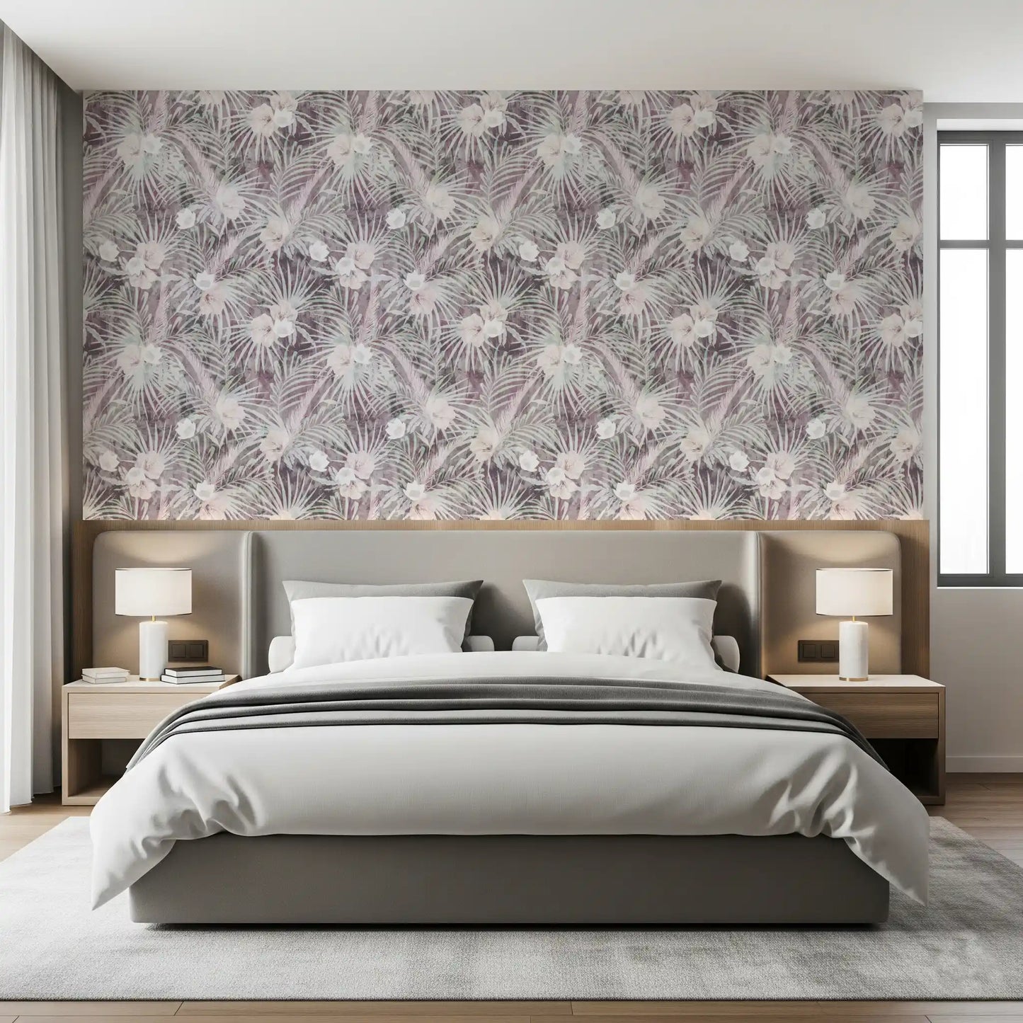 Muted Tropical Palm and Floral Drift Wallpaper⁠