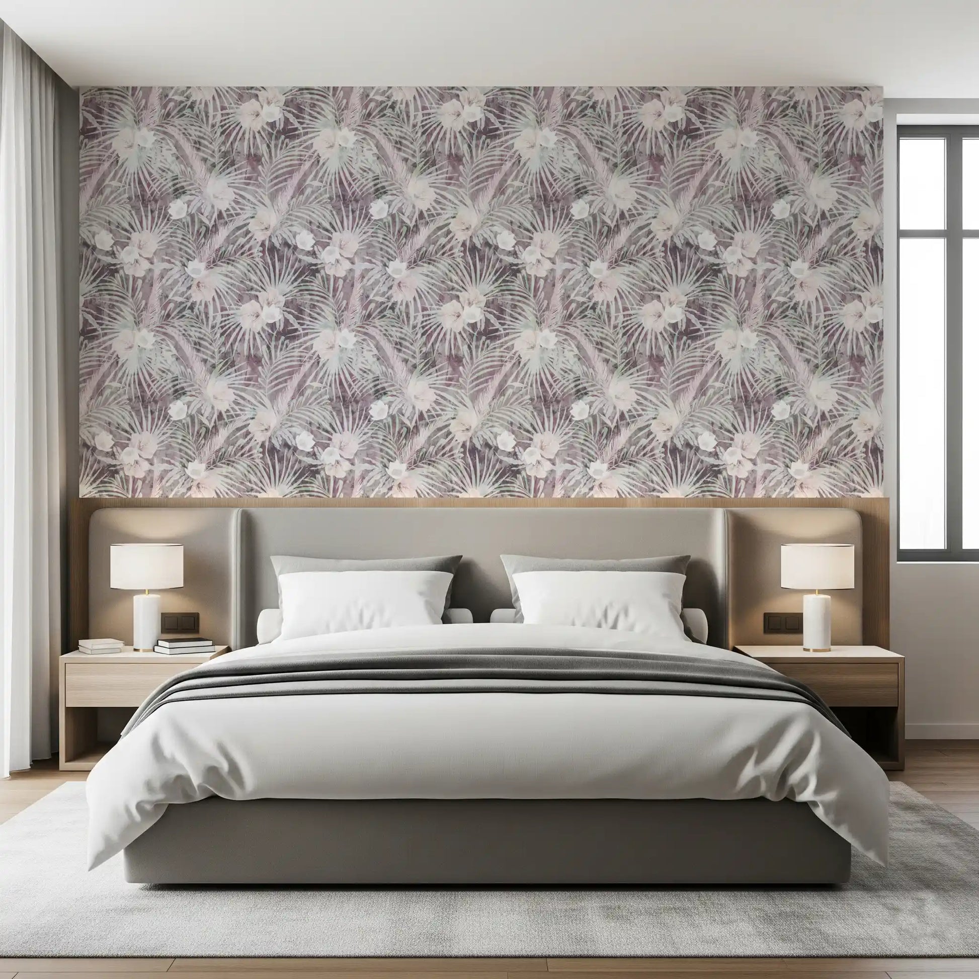 Muted Tropical Palm and Floral Drift Wallpaper⁠