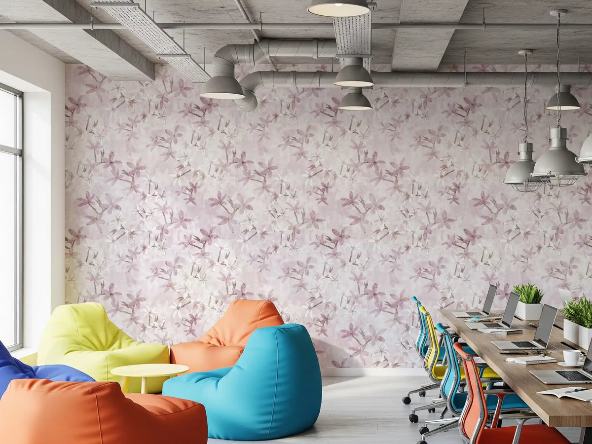 Watercolour floral wallpaper in a colourful office lounge with beanbags GD12352