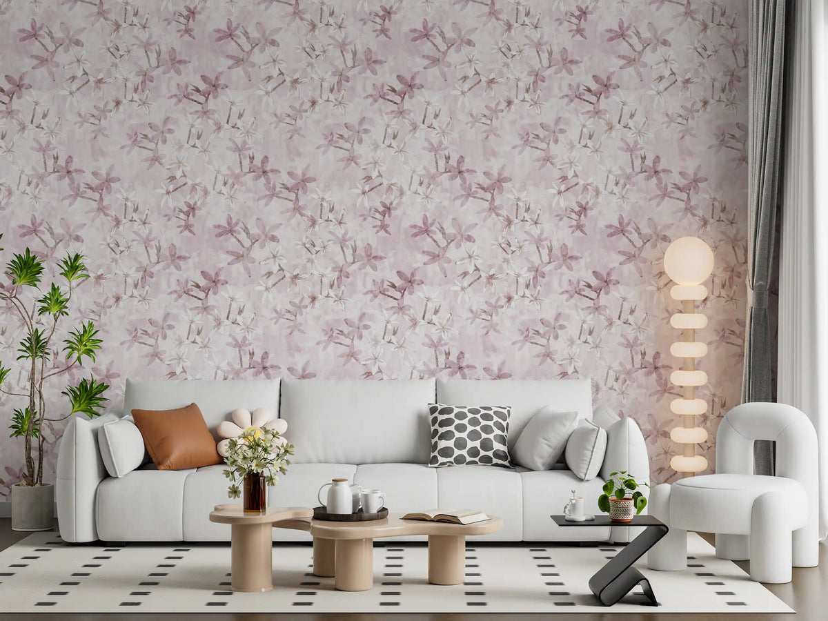 Blush petal wallpaper in a bright living room with a white sofa GD12352