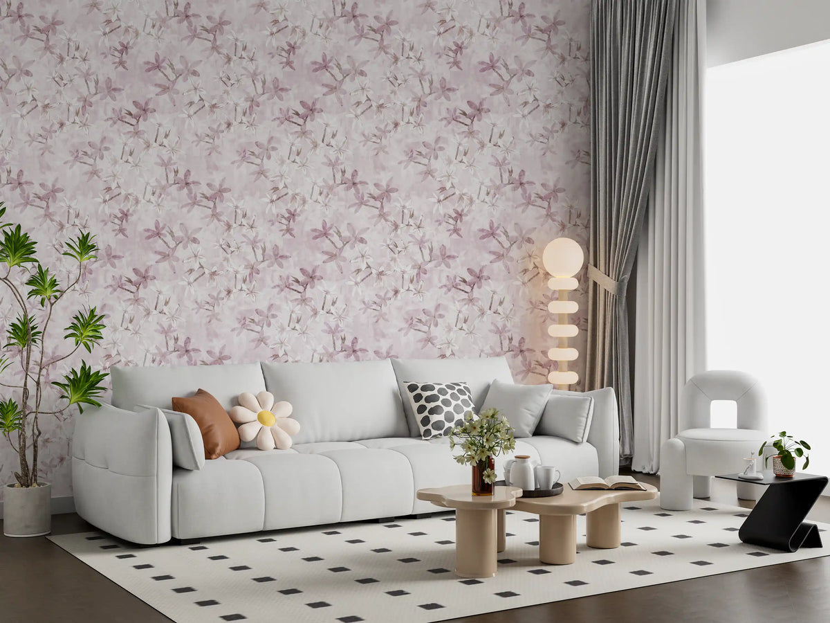 Soft floral wallpaper in a modern living room with a white sofa and plants GD12352