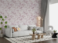 Soft floral wallpaper in a modern living room with a white sofa and plants GD12352