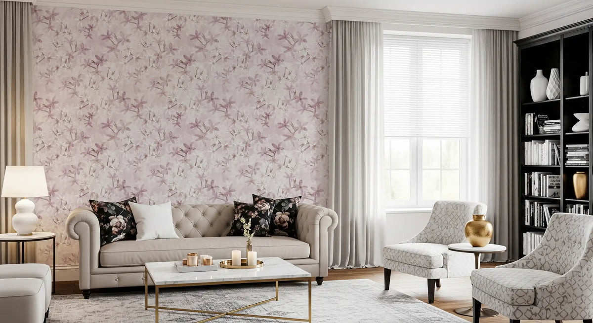 Pink floral wallpaper in a classic living room with a grey sofa GD12352