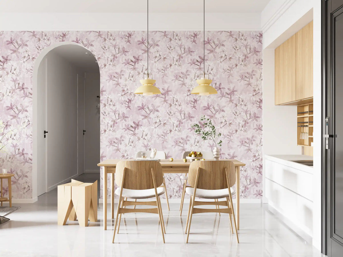 Soft blush floral wallpaper in a dining room with wooden chairs GD12352