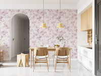 Soft blush floral wallpaper in a dining room with wooden chairs GD12352