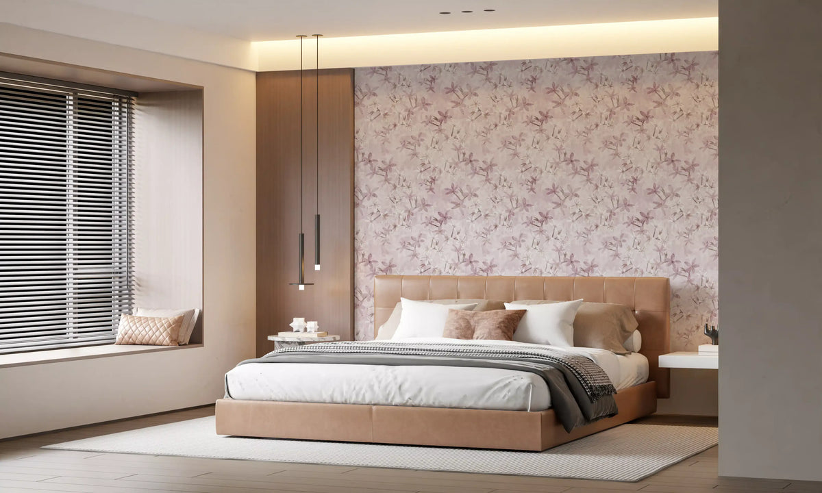 Soft pink floral wallpaper behind a bed in a calm modern bedroom GD12352