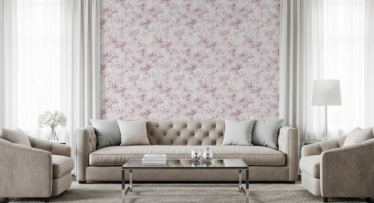 Pink watercolour floral wallpaper in an elegant living room with a grey sofa GD12352