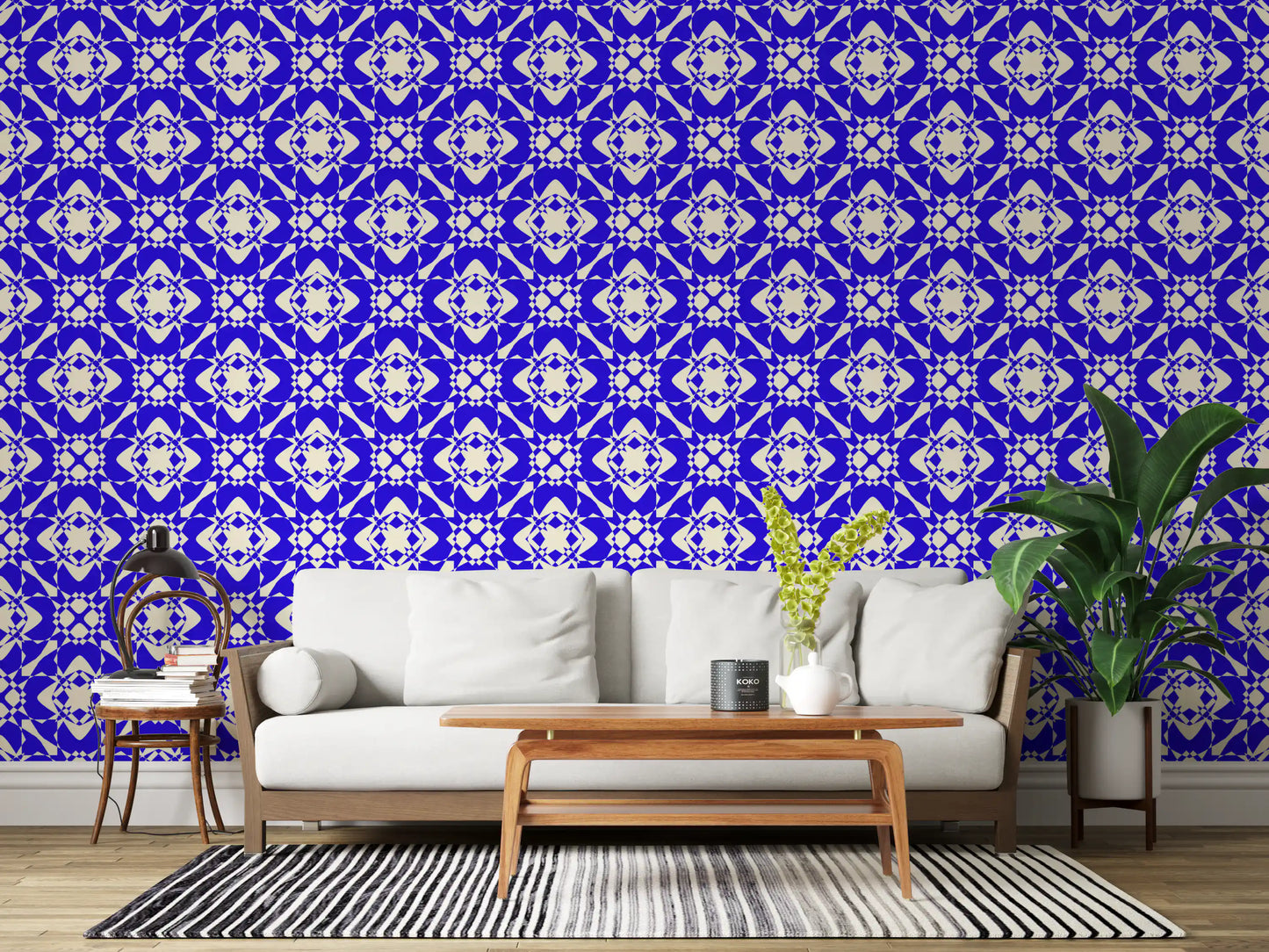 Modern Blue and Cream Abstract Grid Wallpaper⁠