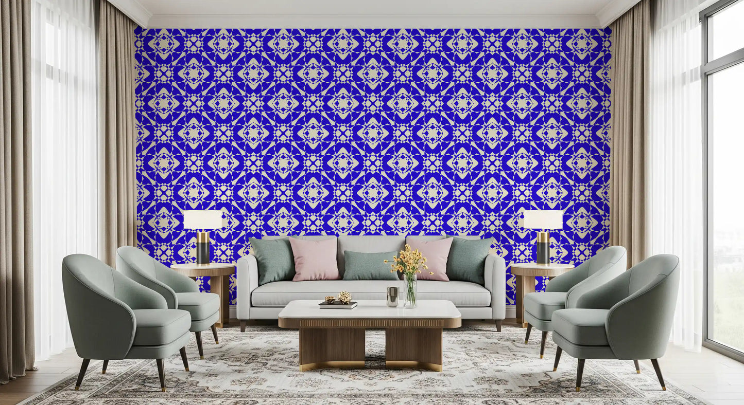 Modern Blue and Cream Abstract Grid Wallpaper⁠