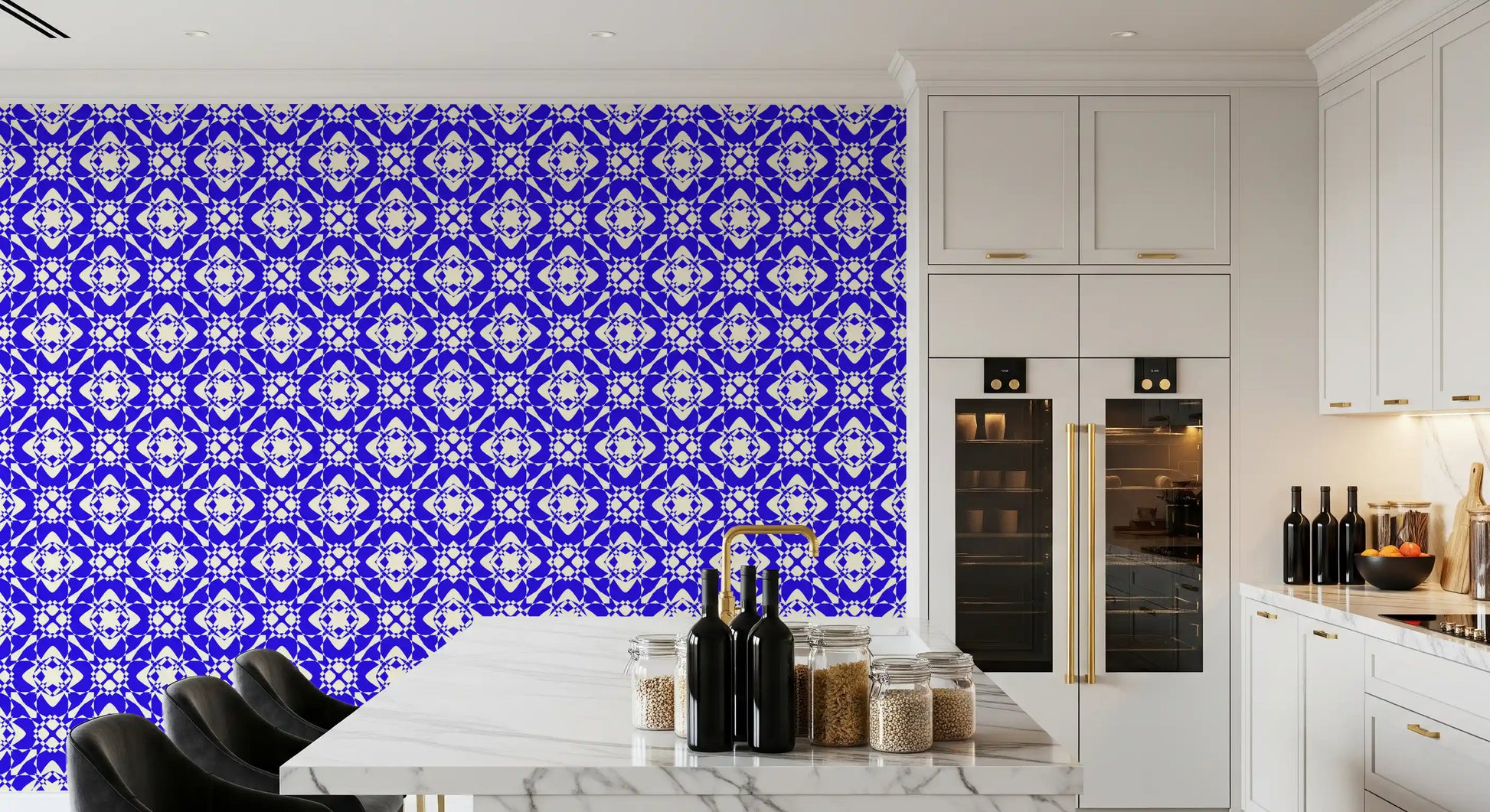 Modern Blue and Cream Abstract Grid Wallpaper⁠