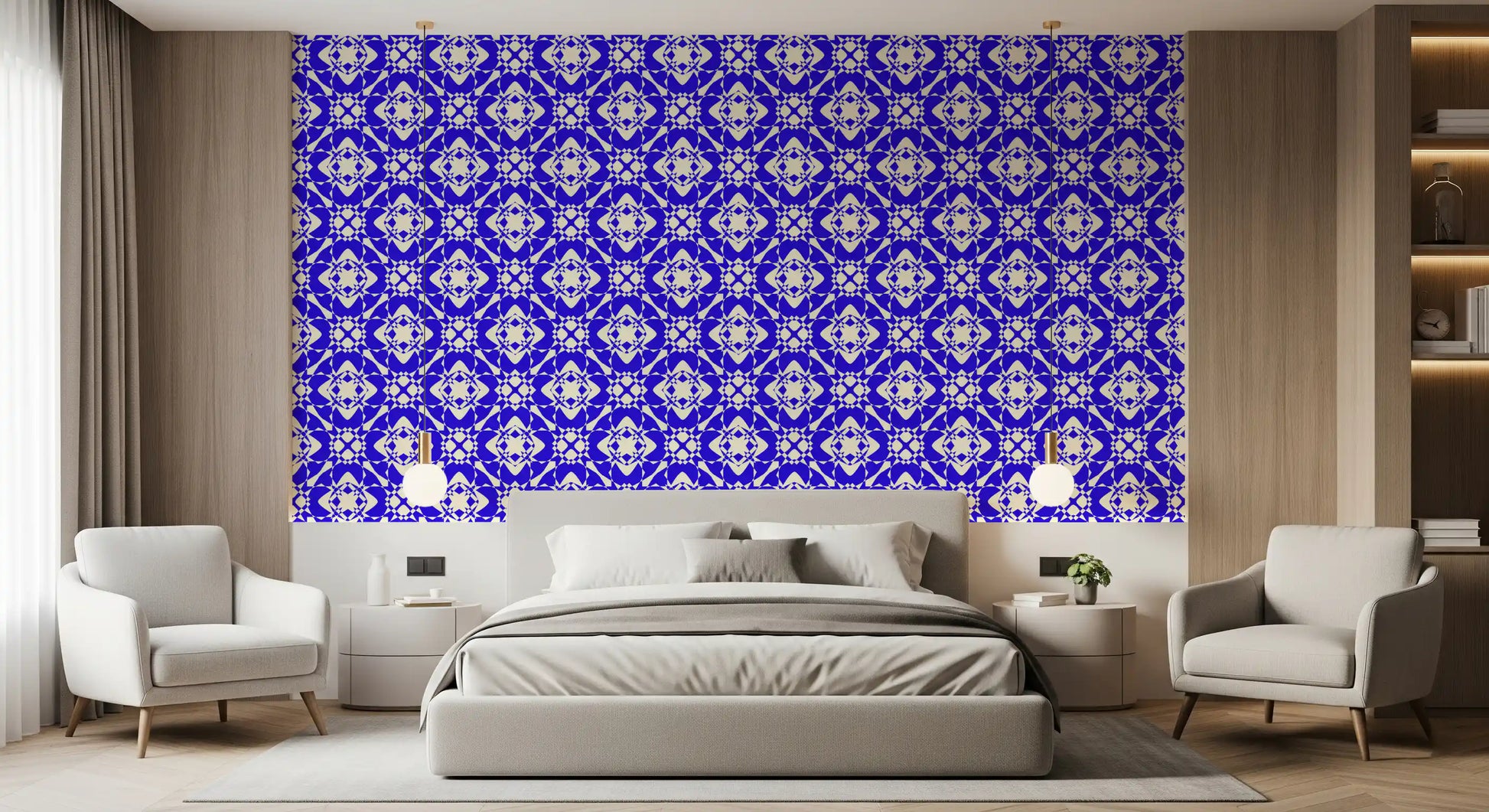 Modern Blue and Cream Abstract Grid Wallpaper⁠