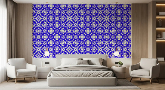 Modern Blue and Cream Abstract Grid Wallpaper⁠