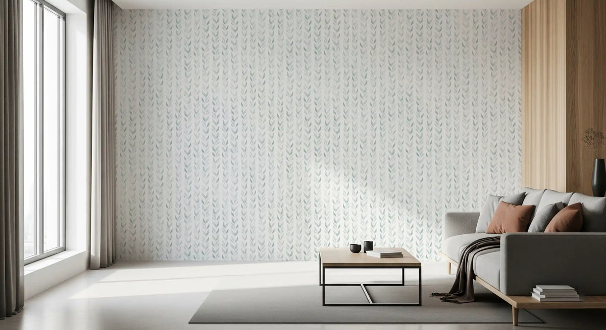 Soft botanical wallpaper in a bright living room with a grey sofa GD12359