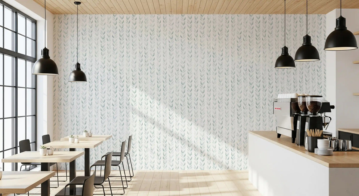 Pale botanical wallpaper in a bright kitchen and dining area GD12359
