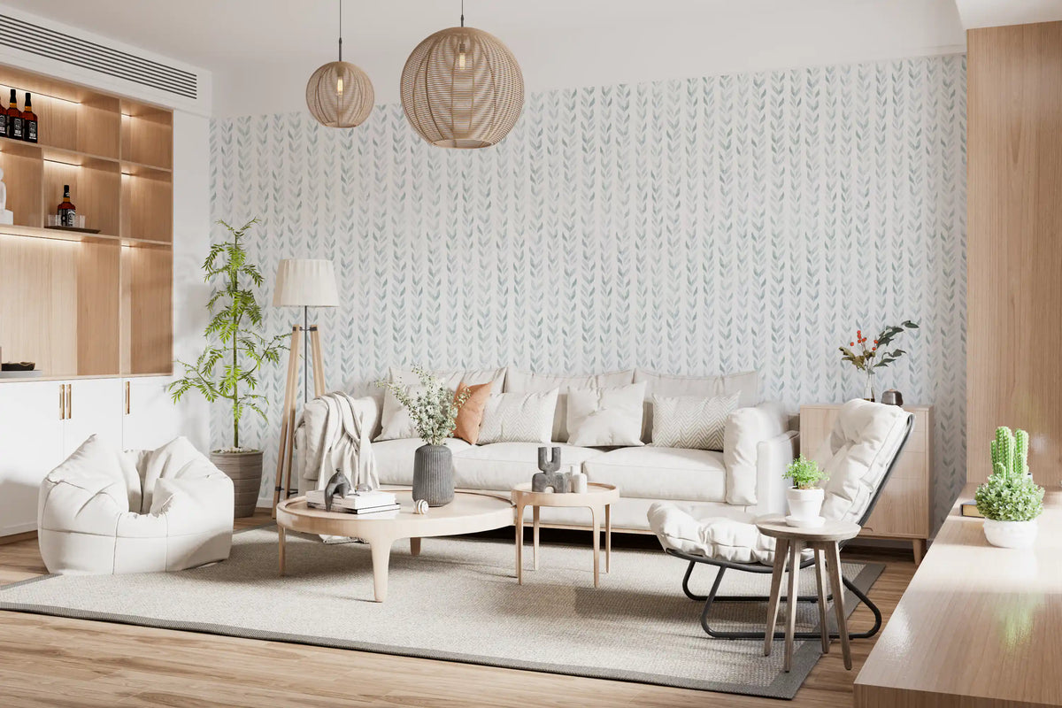 Pale botanical wallpaper in a sunny living room with a white sofa GD12359