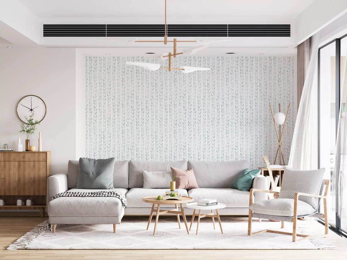 Soft leaf vine wallpaper in a bright living room with a grey sofa GD12359