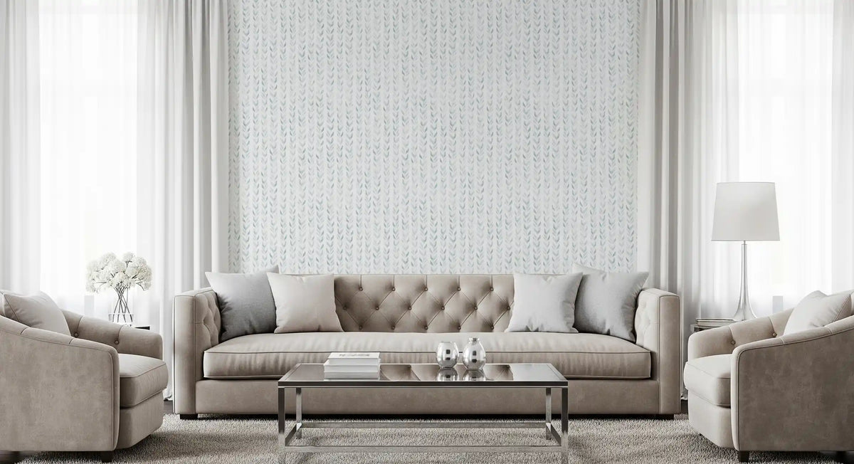 Watercolour leaf wallpaper in a classic living room with a grey sofa GD12359
