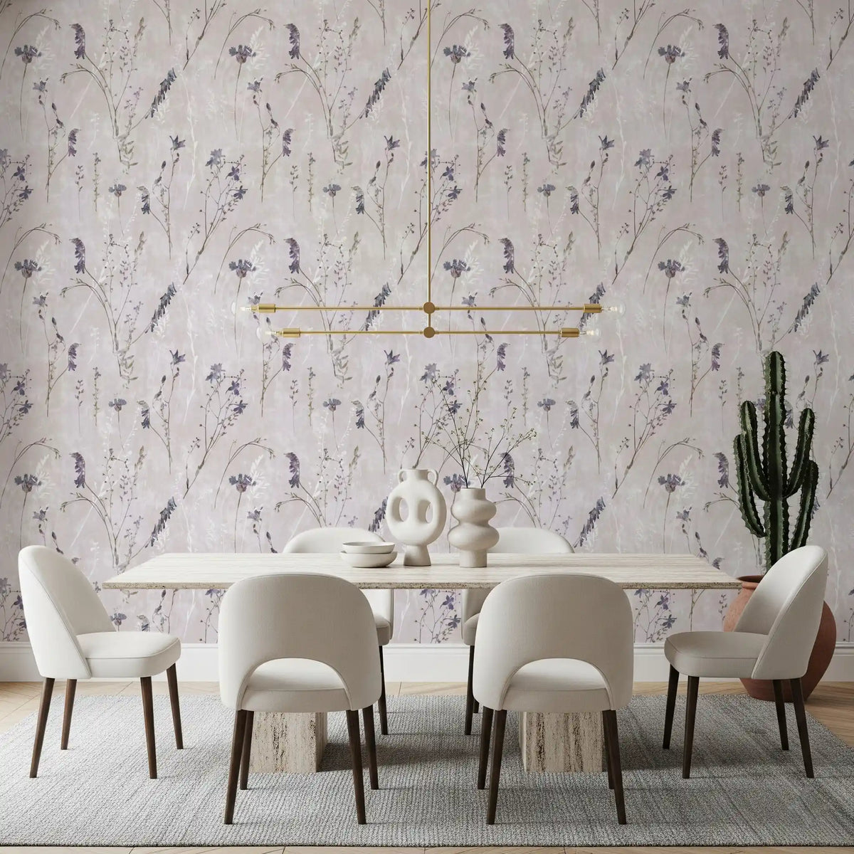 Pressed wildflowers wallpaper in beige and lavender in a modern dining room GD12362