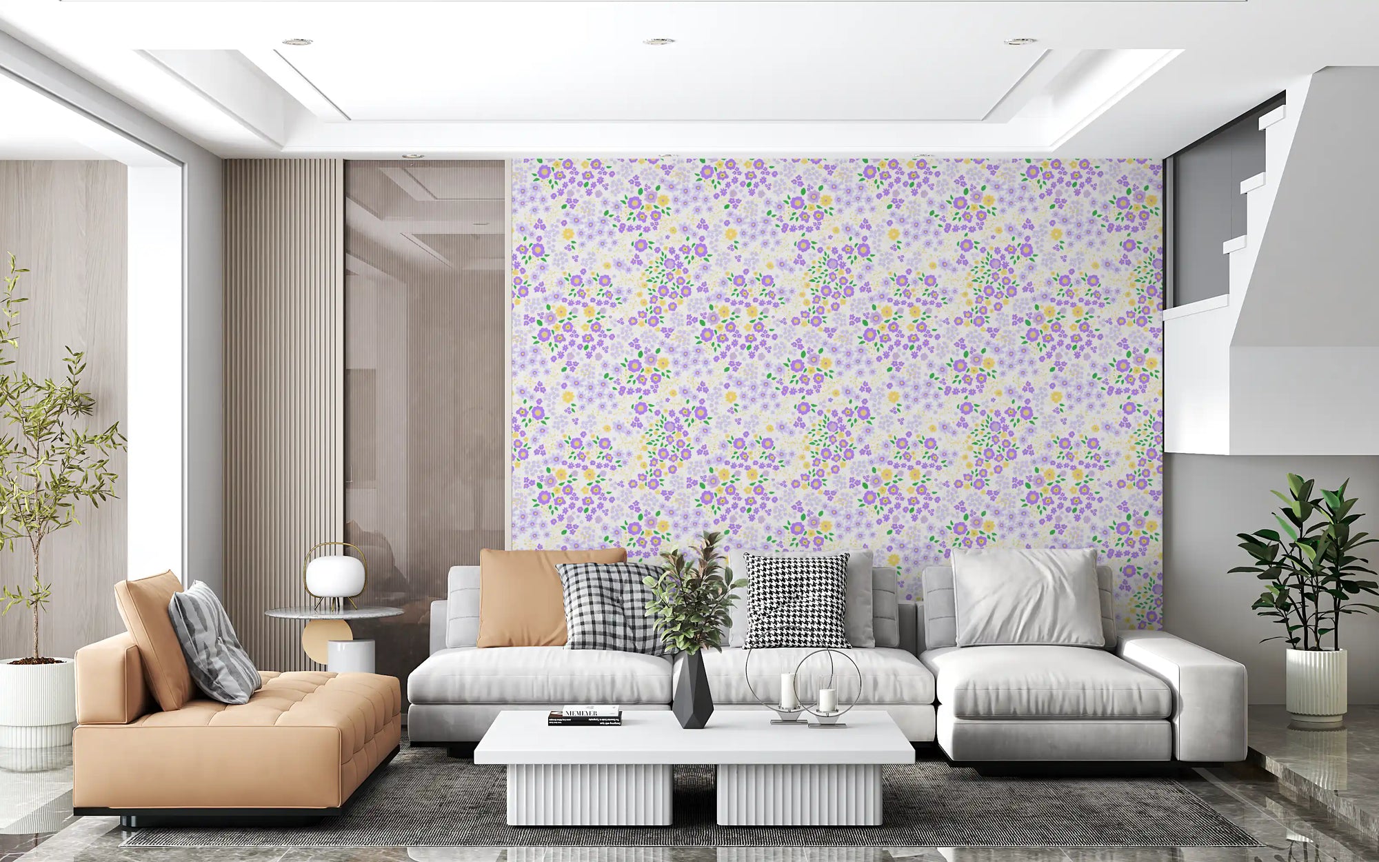 Whimsical wildflower wallpaper in a modern living room with a beige sectional GD12363