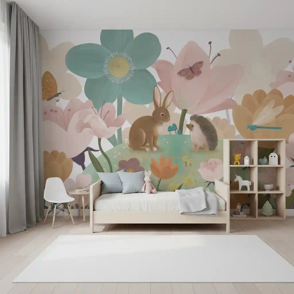 Children's meadow mural behind a white toddler bed in a soft nursery GD12394