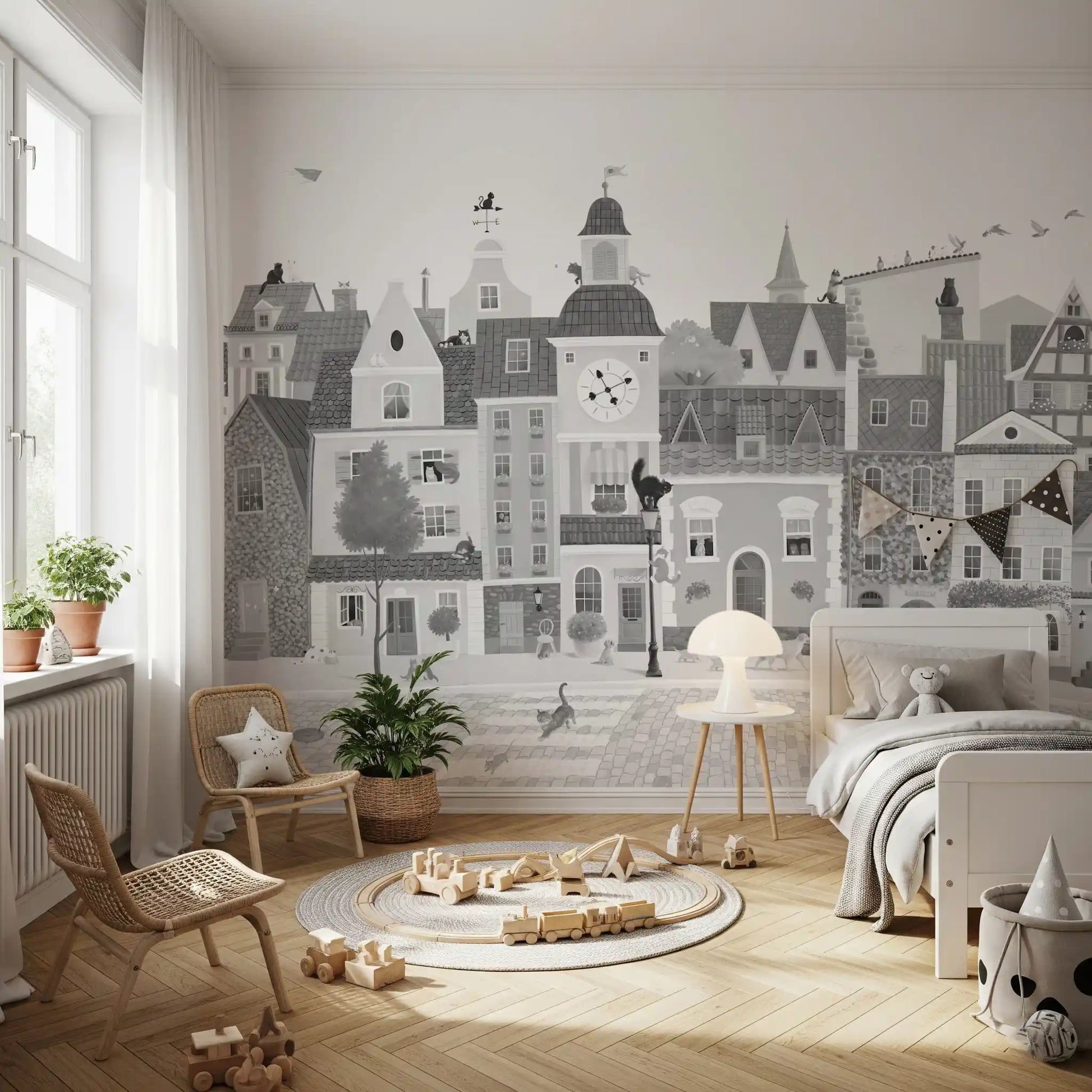 Feline Street Scene Monochrome Illustration Wall Mural