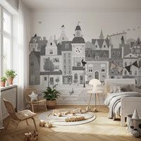 Feline Street Scene Monochrome Illustration Wall Mural