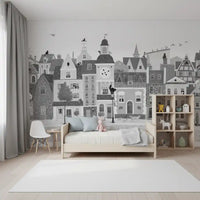 Feline Street Scene Monochrome Illustration Wall Mural