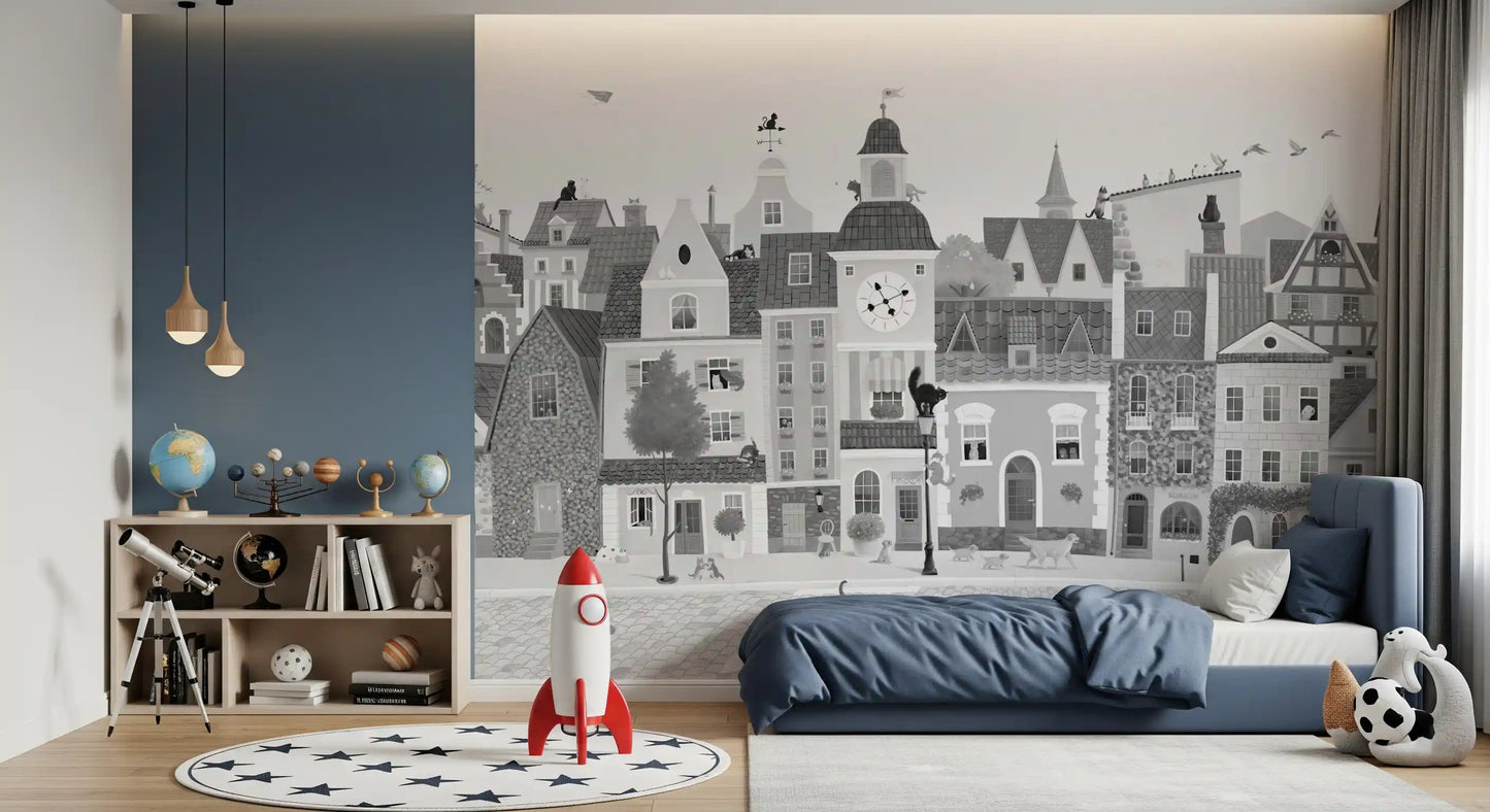 Feline Street Scene Monochrome Illustration Wall Mural