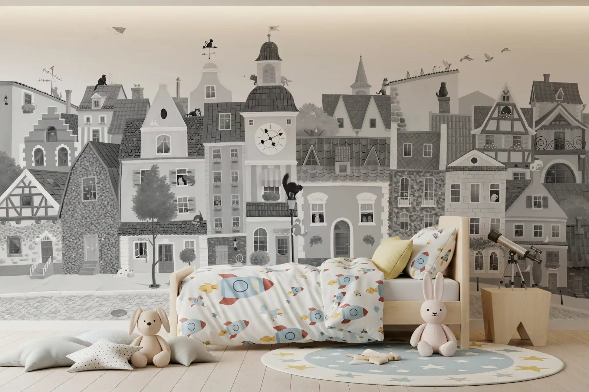 Feline Street Scene Monochrome Illustration Wall Mural