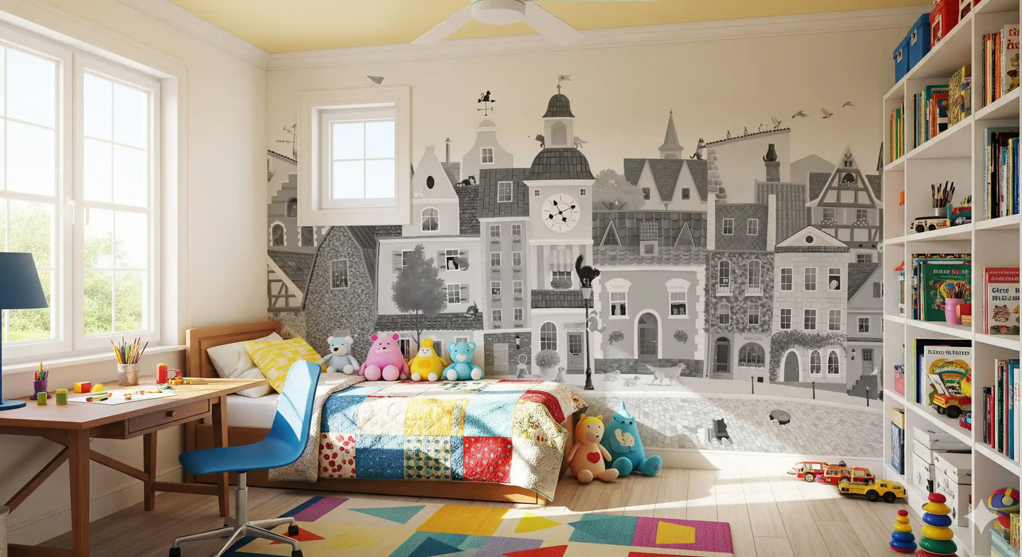 Feline Street Scene Monochrome Illustration Wall Mural
