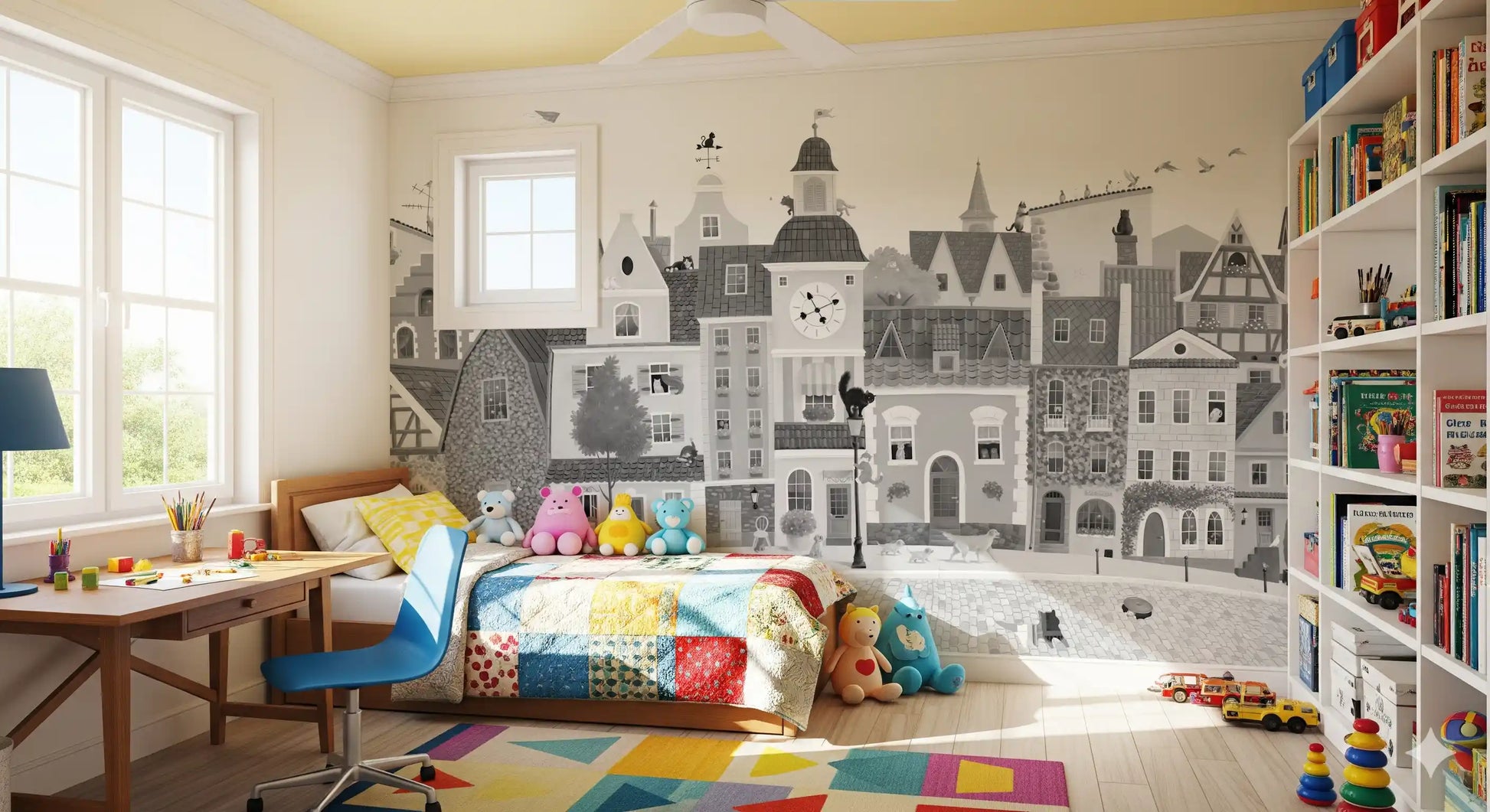 Feline Street Scene Monochrome Illustration Wall Mural