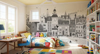 Feline Street Scene Monochrome Illustration Wall Mural