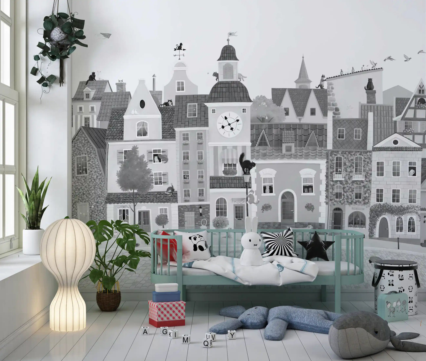 Feline Street Scene Monochrome Illustration Wall Mural