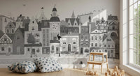 Feline Street Scene Monochrome Illustration Wall Mural