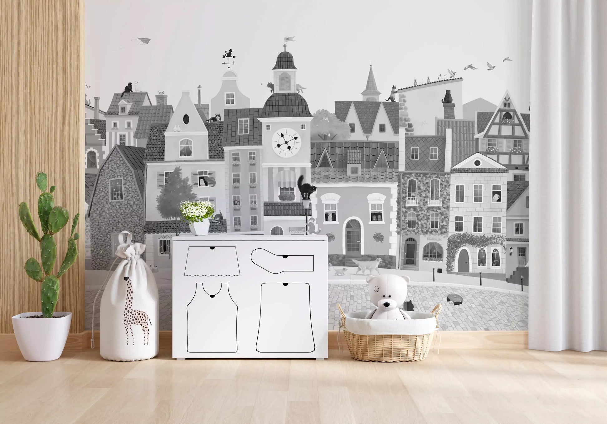 Feline Street Scene Monochrome Illustration Wall Mural