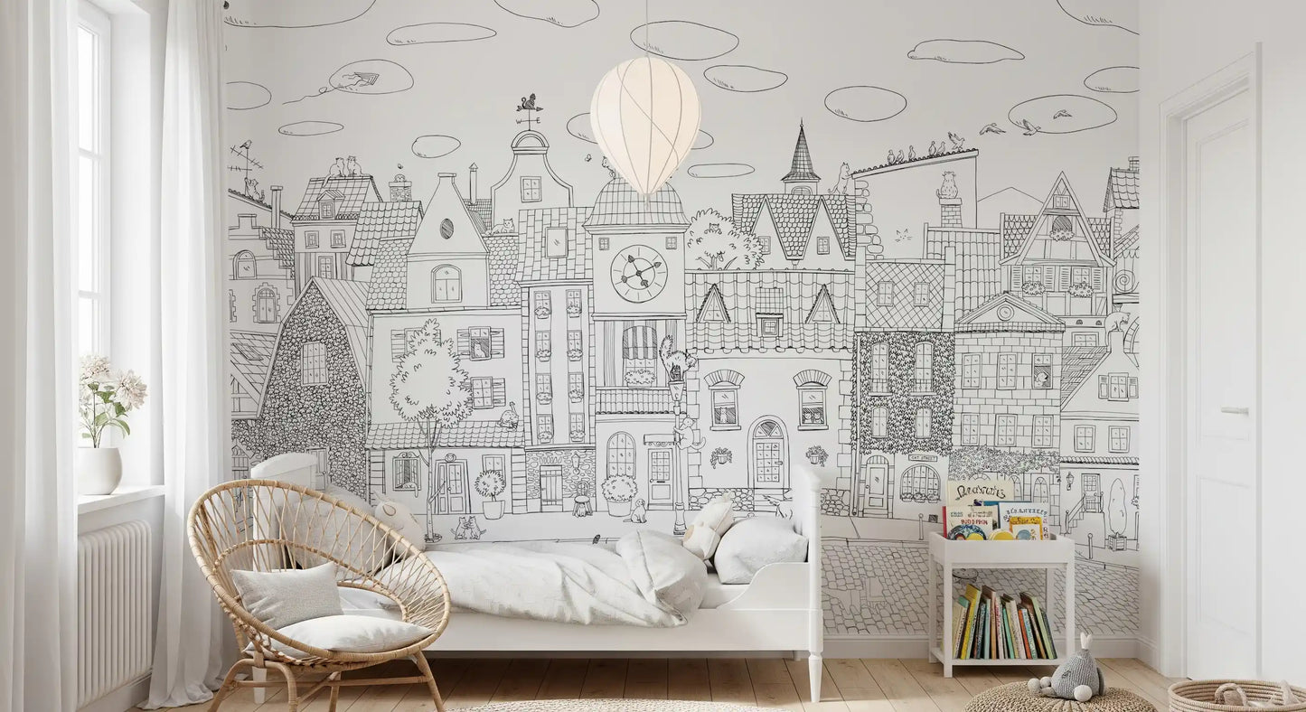 Whimsical Feline Cityscape Illustration Wall Mural