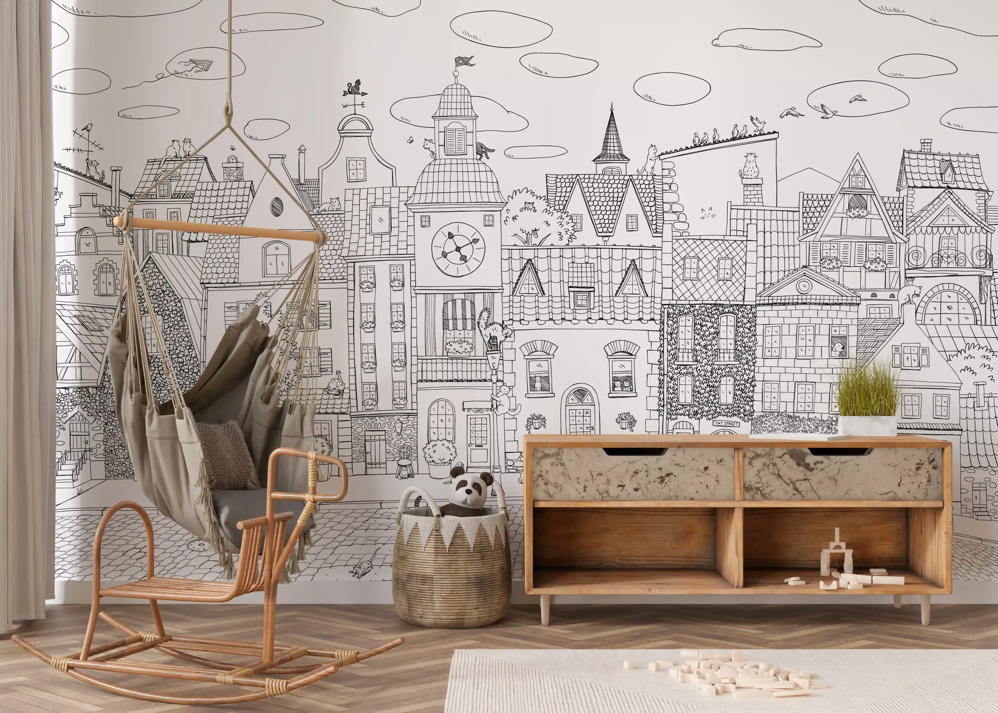 Whimsical Feline Cityscape Illustration Wall Mural