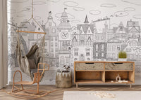 Whimsical Feline Cityscape Illustration Wall Mural