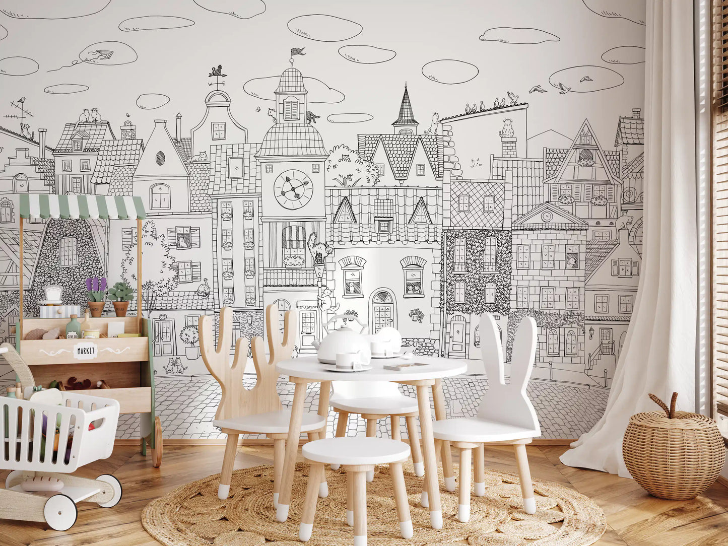 Whimsical Feline Cityscape Illustration Wall Mural