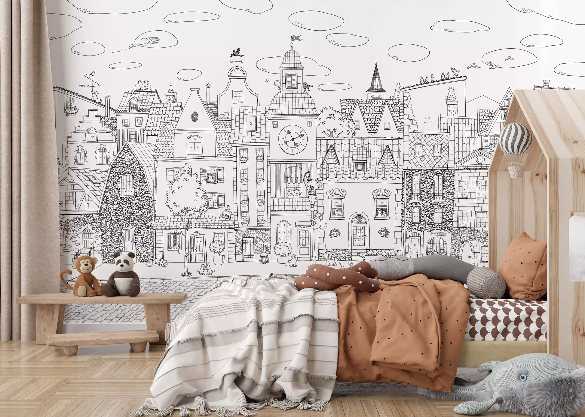 Whimsical Feline Cityscape Illustration Wall Mural