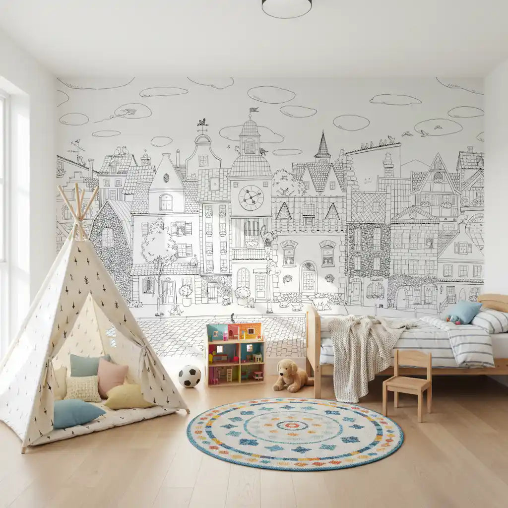 Whimsical Feline Cityscape Illustration Wall Mural