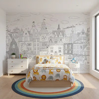 Whimsical Feline Cityscape Illustration Wall Mural