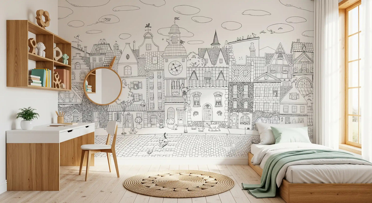Whimsical Feline Cityscape Illustration Wall Mural
