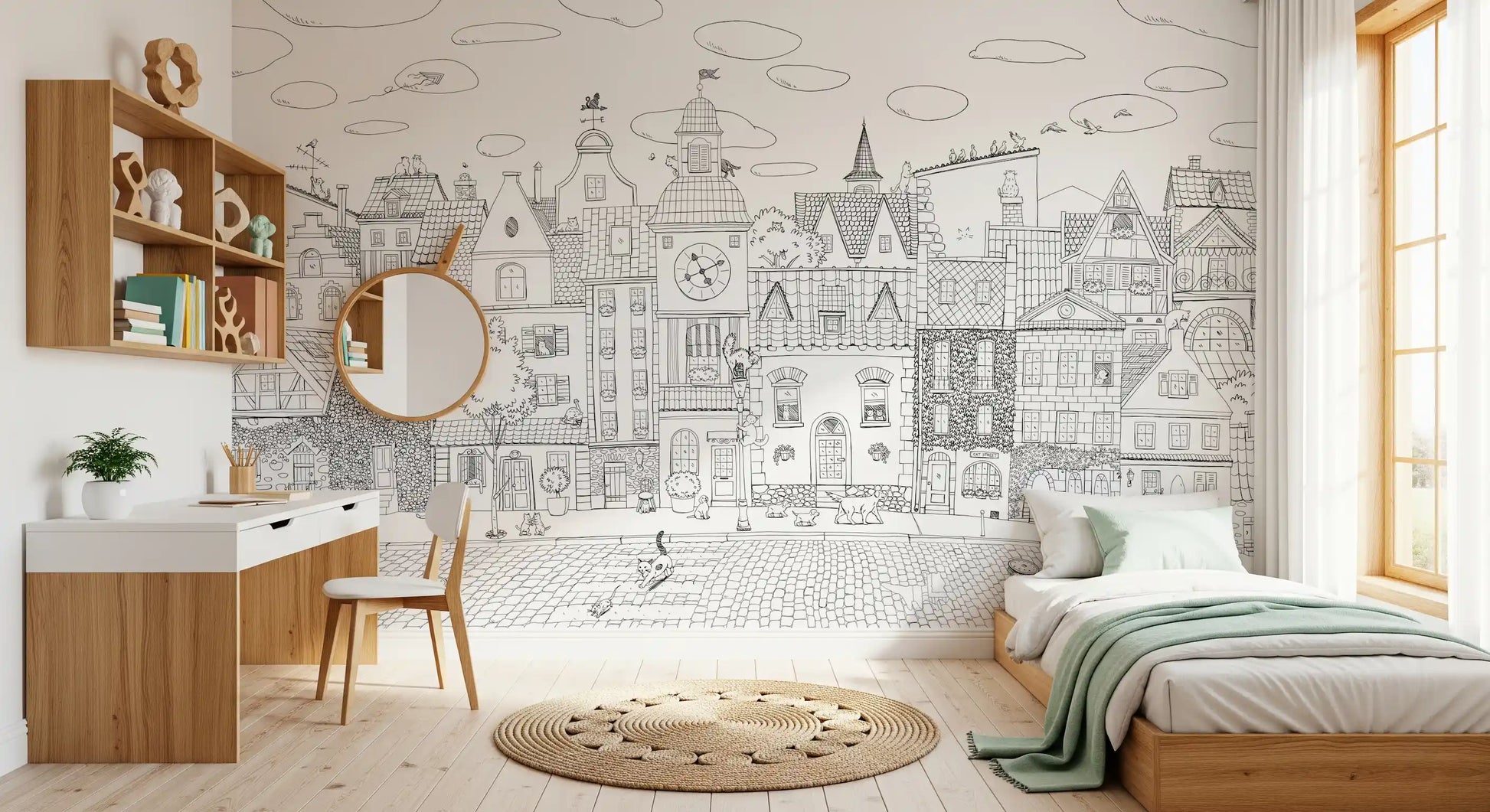 Whimsical Feline Cityscape Illustration Wall Mural