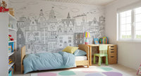 Whimsical Feline Cityscape Illustration Wall Mural