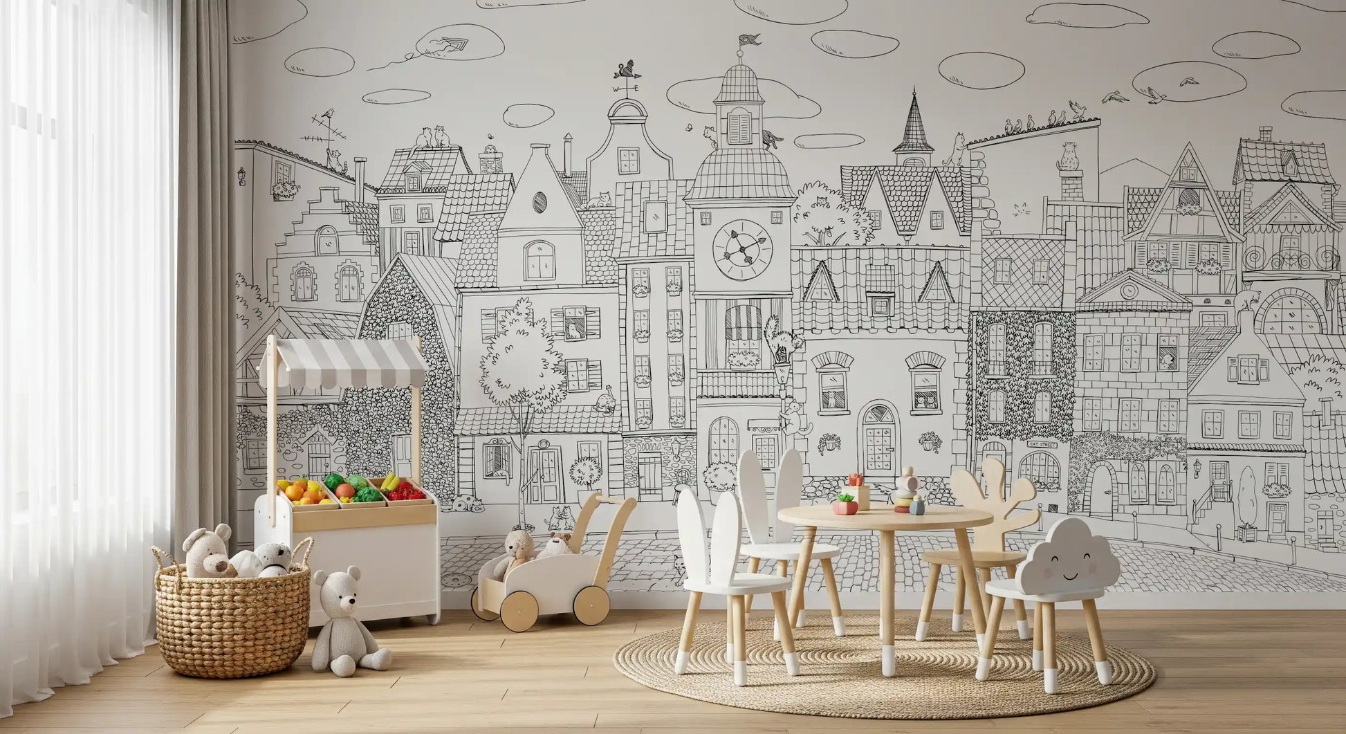 Whimsical Feline Cityscape Illustration Wall Mural